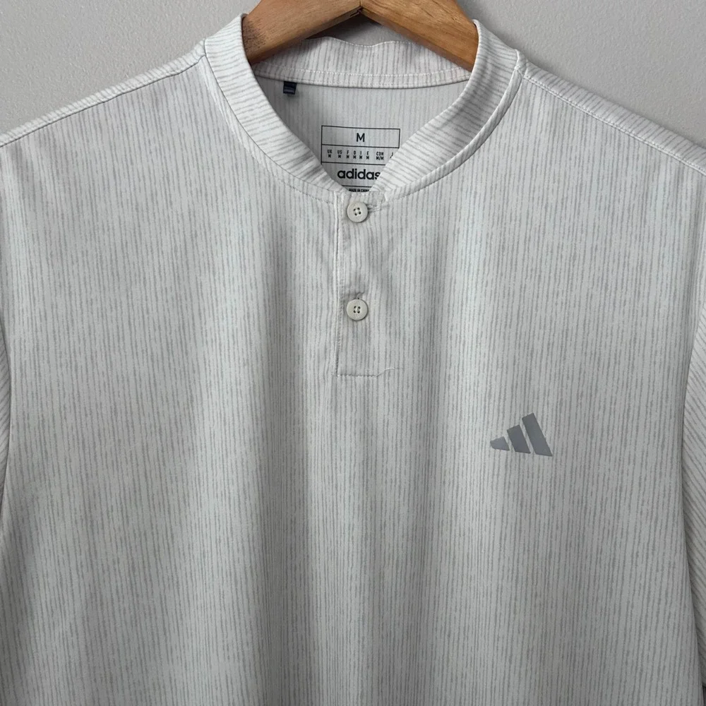 Adidas Golf Shirt Men M White Grey Striped Henley Banded Collar Short Sleeve